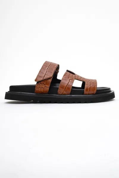 Forever & Always Shoes Women's Loana Cognac Brown Leather Slide Sandal