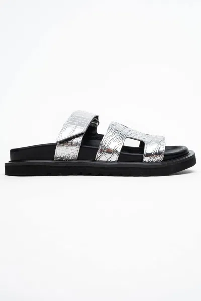Forever & Always Shoes Women's Loana Silver Leather Slide Sandal In Black