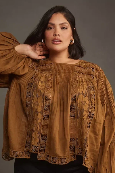 Forever That Girl Long-sleeve Lace Peasant Blouse In Brown