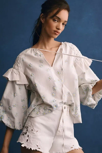 Forever That Girl Smocked Puff-sleeve Blouse In Blue