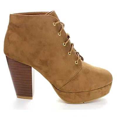 Forever Women's Camille-86 Chunky Heel Lace Up Ankle Booties In Tan In Multi