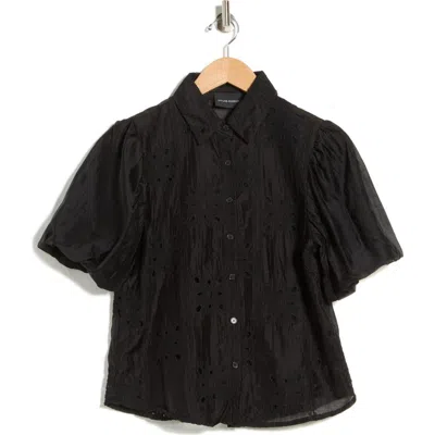 Forgotten Grace Bubble Sleeve Button Front Top In Black