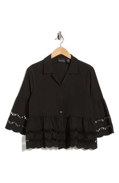 Forgotten Grace Button Front Open Lace Detail Top In Black