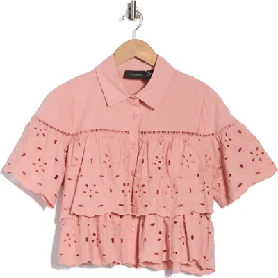 Forgotten Grace Cotton Eyelet Button-up Shirt In Pink