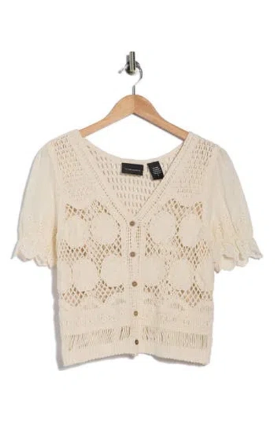 Forgotten Grace Cotton Eyelet Puff Sleeve Crochet Top In Neutral