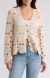 Forgotten Grace Crochet Circle Button Front Cardigan In Natural