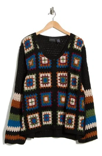 Forgotten Grace Crochet Granny Square Cardigan Sweater In Black