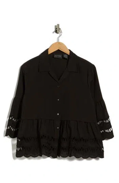 Forgotten Grace Crochet Hem Button-up Shirt In Black