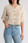 Forgotten Grace Crochet Short Sleeve Button-up Top In Natural