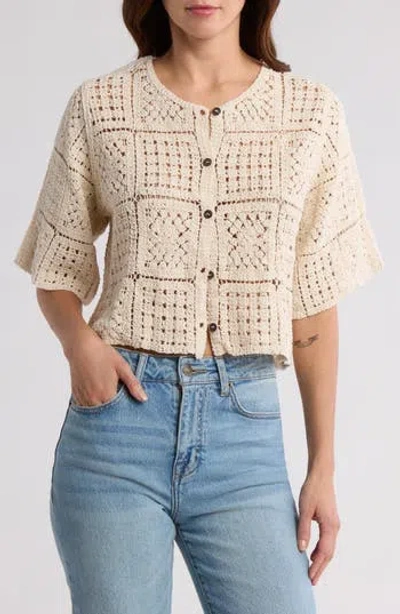 Forgotten Grace Crochet Short Sleeve Button-up Top In Natural
