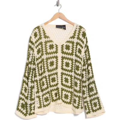 Forgotten Grace Crochet Square Open Knit Cardigan In Green