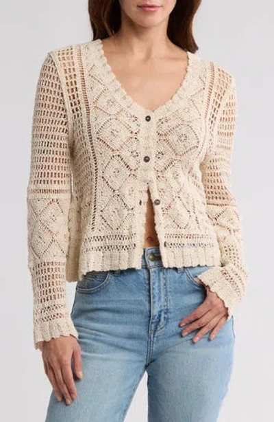 Forgotten Grace Crochet Stitch Button Front Cardigan In Natural