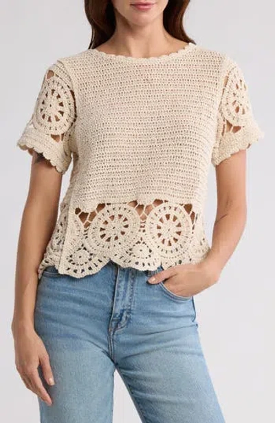 Forgotten Grace Crochet Stitch Short Sleeve Top In Natural
