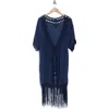 Forgotten Grace Crochet Trim Fringe Hem Duster In Navy