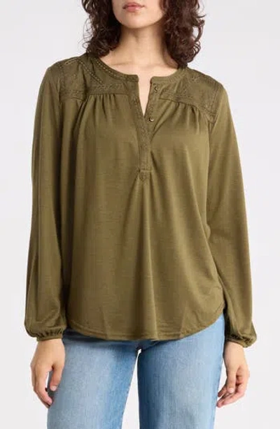 Forgotten Grace Embroidered Button Front Top In Green
