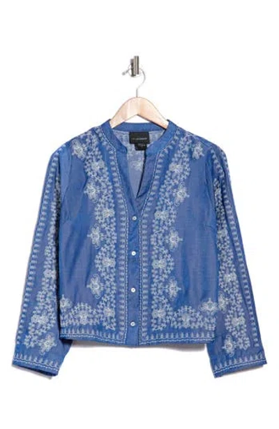 Forgotten Grace Embroidered Button Up Cotton & Linen Top In Blue