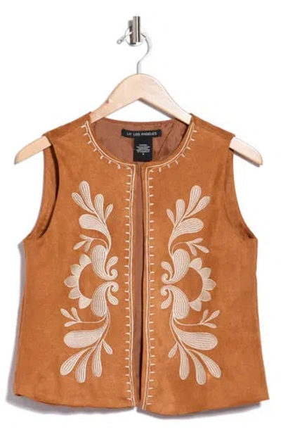 Forgotten Grace Embroidered Faux Suede Vest In Brown