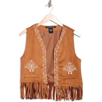 Forgotten Grace Embroidered Fringe Faux Suede Vest In Brown