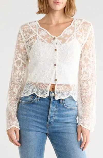 Forgotten Grace Embroidered Mesh Long Sleeve Top In White
