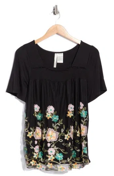 Forgotten Grace Embroidered Mesh Overlay Top In Black