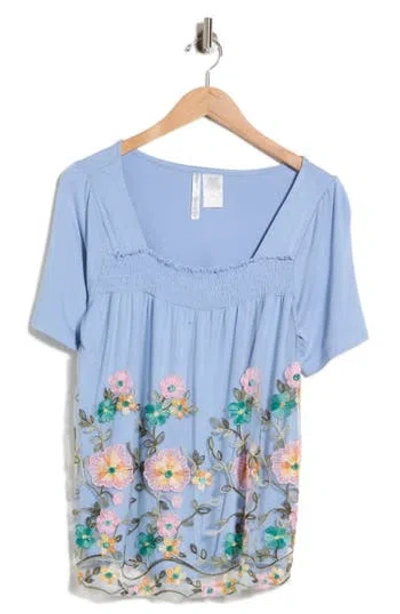 Forgotten Grace Embroidered Mesh Overlay Top In Blue