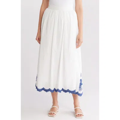 Forgotten Grace Embroidered Midi Skirt In White/blue
