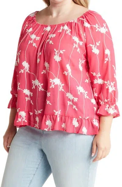 Forgotten Grace Embroidered Ruffle Trim Blouse In Fuchsia/white