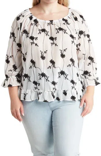 Forgotten Grace Embroidered Ruffle Trim Blouse In White/black