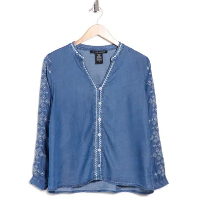Forgotten Grace Embroidered Split Neck Tencel Lyocell Top In Blue