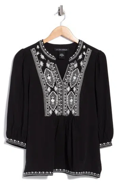 Forgotten Grace Embroidered Split Neck Top In Black