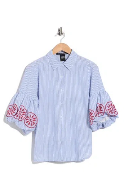 Forgotten Grace Embroidered Stripe Bubble Sleeve Shirt In Blue
