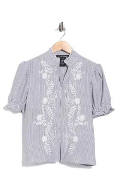Forgotten Grace Embroidered Striped Short Sleeve Shirt In Gray