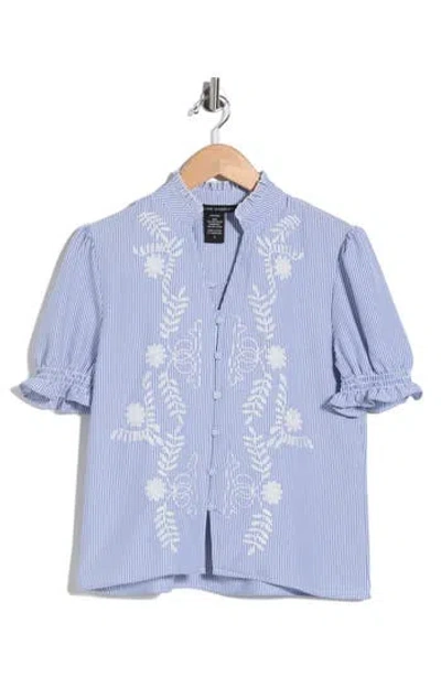 Forgotten Grace Embroidered Striped Short Sleeve Shirt In Blue