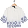 Forgotten Grace Embroidered Three Quarter Sleeve Top In White/blue
