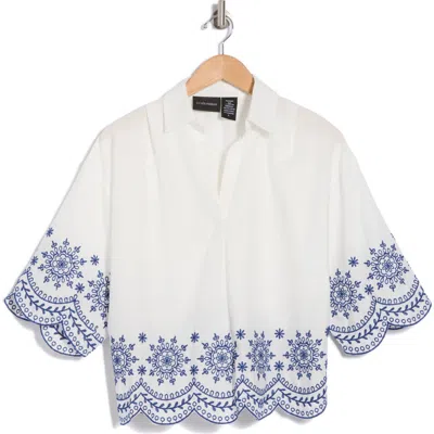 Forgotten Grace Embroidered Three Quarter Sleeve Top In White/blue