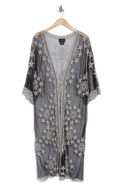 Forgotten Grace Embroidered Tie Front Duster In Black/white