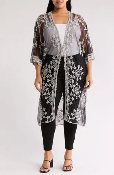 Forgotten Grace Embroidered Tie Front Duster In Black