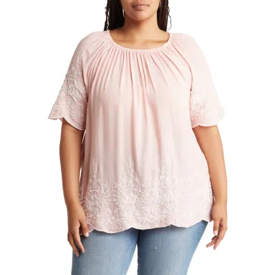 Forgotten Grace Embroidered Trim Peasant Tunic Top In Dark Pink/white