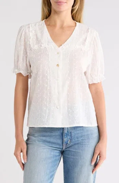 Forgotten Grace Eyelet Button Front Top With Ruffled Collar In White