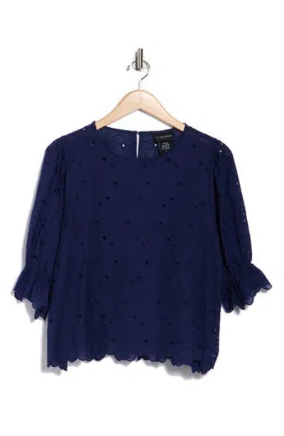 Forgotten Grace Eyelet Cotton Puff Sleeve Top In Blue