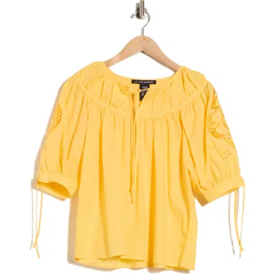 Forgotten Grace Eyelet Cotton Top With Tie Sleeves In Yellow