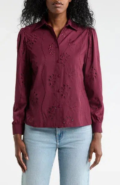 Forgotten Grace Eyelet Hidden Placket Top In Burgundy