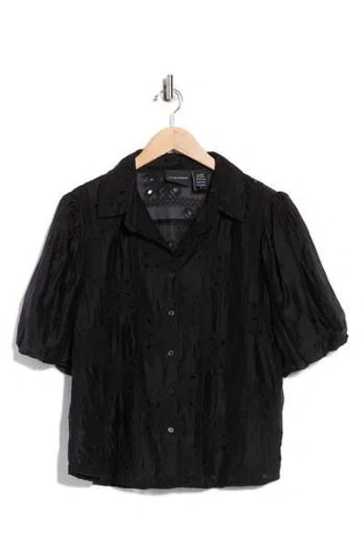 Forgotten Grace Eyelet Puff Sleeve Button-up Shirt In Black