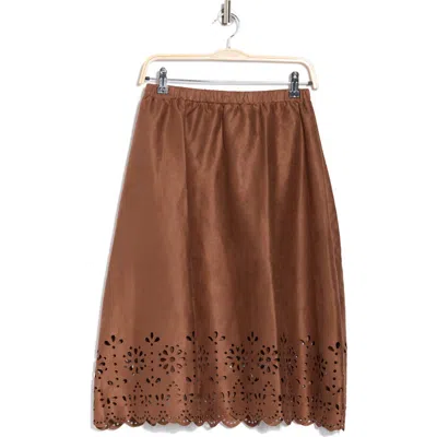 Forgotten Grace Eyelet Scallop Midi Skirt In Brown