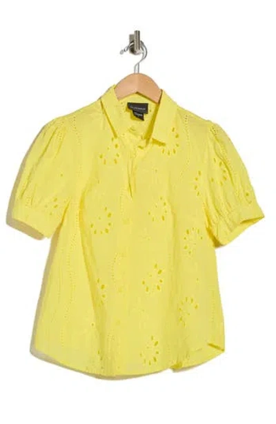 Forgotten Grace Eyelet Short Sleeve Button-up Shirt In Yellow