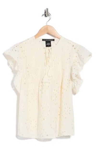 Forgotten Grace Eyelet Tie Front Cotton Top In Neutral