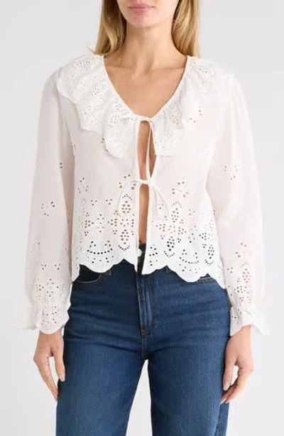 Forgotten Grace Eyelet Tie Front Cotton Top In White