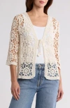 Forgotten Grace Floral Crochet Tie Front Cardigan In Natural