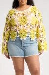 Forgotten Grace Floral Crocheted Sweater In Natural/sage/grey