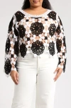 Forgotten Grace Floral Crocheted Sweater In White/black